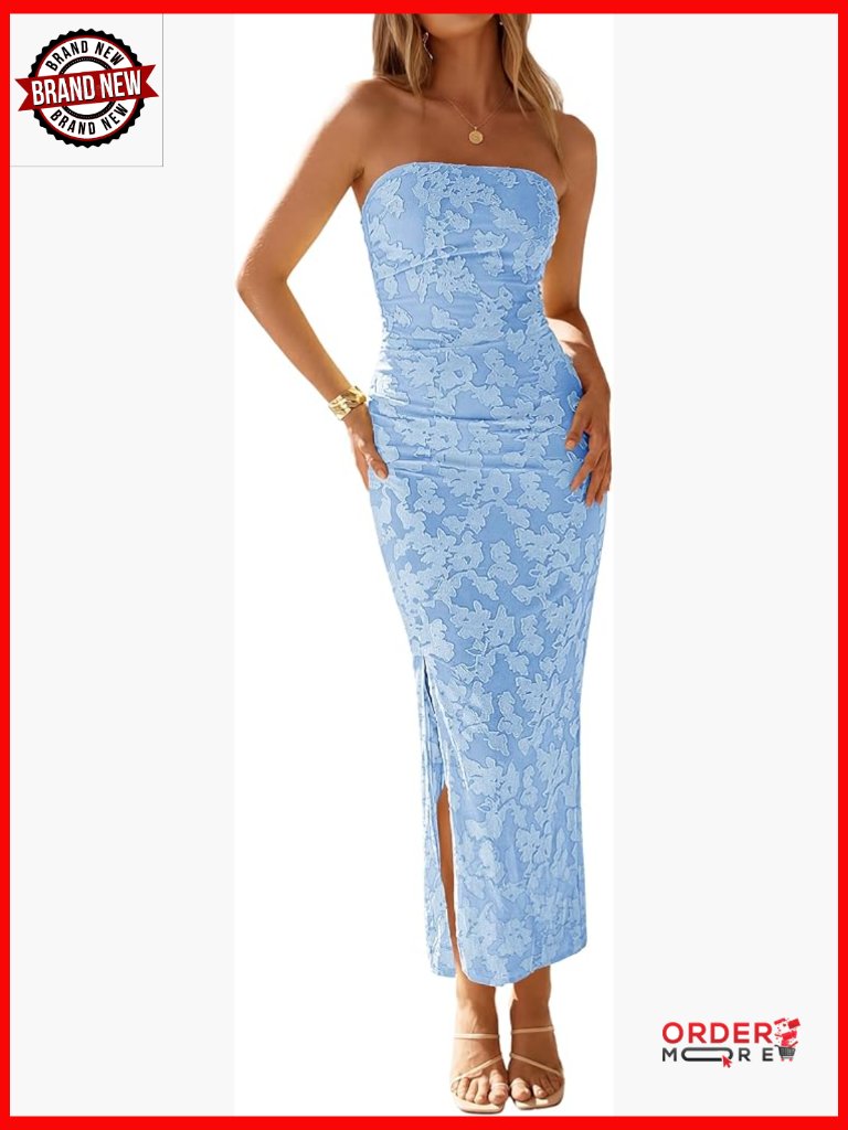 Floral Strapless Maxi Dress Bodycon Mesh Side Slit Cocktail Wedding Guest